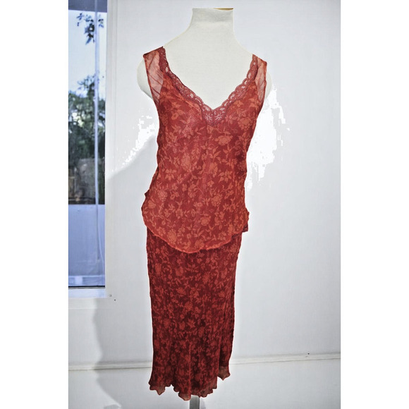 Carole Little 2-Piece Set Women's Size 12 – 100% Silk Red Floral Lace - Picture 2 of 6